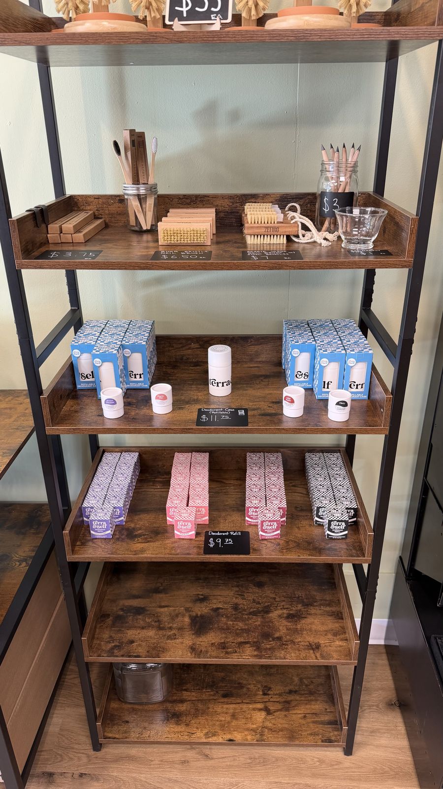 Personal care refill products on the shelf at Fig Tree Market